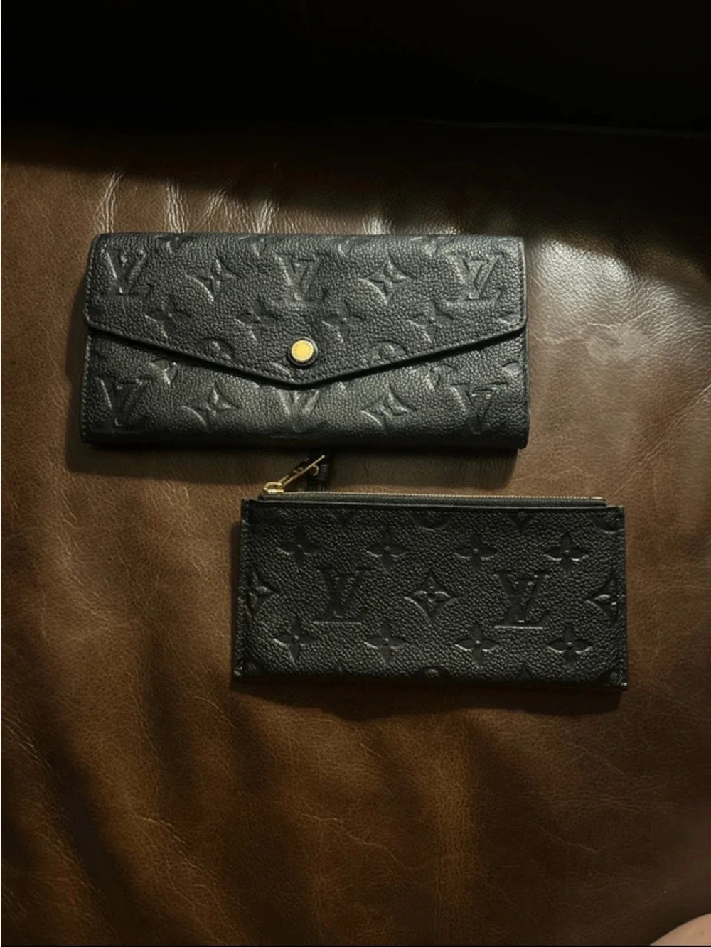 Louis Vuitton Black Monogram Embossed Wallet and Zip Pouch Set